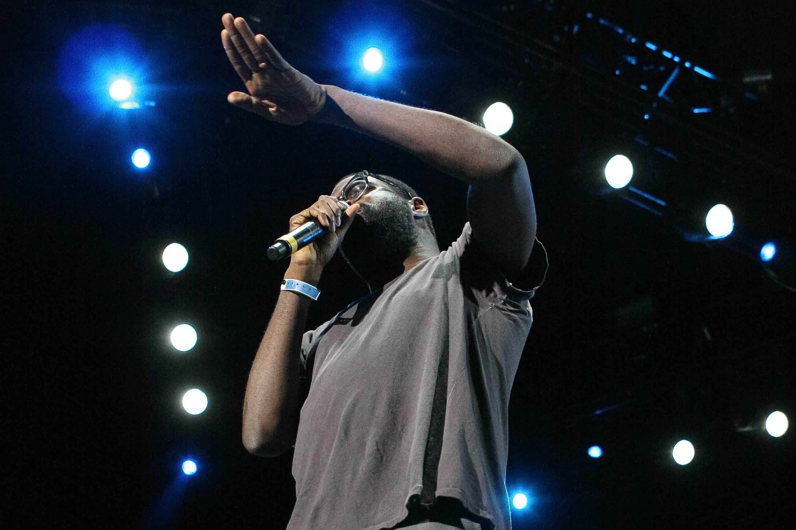 Tunde Adebimpe, frontman of TV on the Radio, performs at the tenth annual Voodoo Experience in...
